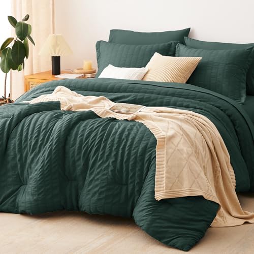 CozyLux Full Comforter Sets, 7 Pieces Forest Green Seersucker Bed in a Bag by CozyLux