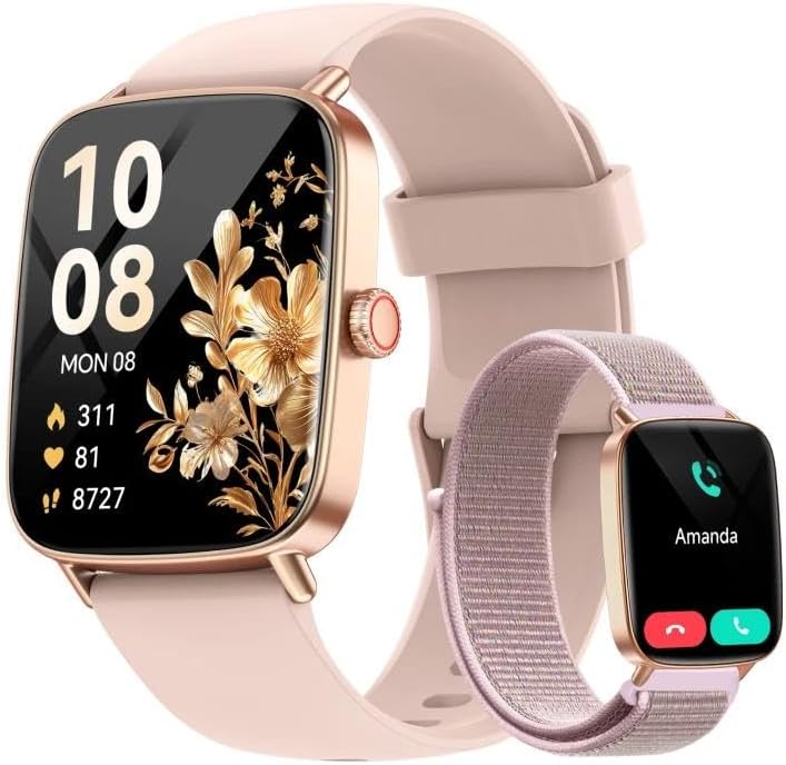 Smart Watch for Women, 1.85" HD Smartwatch Compatible iPhone/Samsung/Android (Answer/Make Calls), 100+ Sport Modes Fitness Tracker with Heart Rate/Sleep/SpO2 Monitor, IP68 Waterproof, with 2 Bands by AEAC