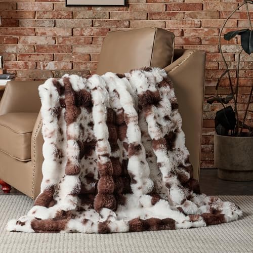 Lotus Karen Faux Fur Throw Blanket Cow Print-Dark Brown, Fluffy Fuzzy Plush Bubble Blanket for Couch, 60x50 Inches Cozy Shaggy Rabbit Blanket, Luxury Decorative Gifts for Sofa Bedroom Living Room. - Image 3