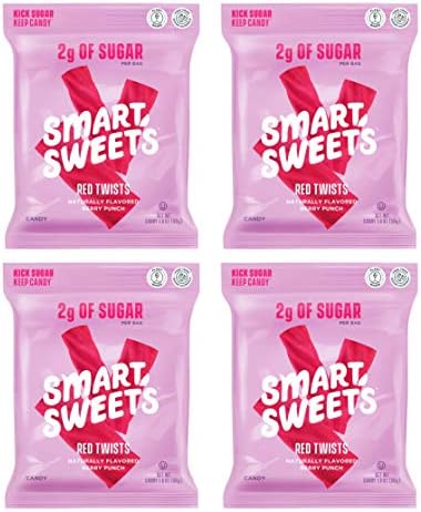 SMART Sweets RED Twists 4 Pack Healthier Version of TWIZLERS 92% Less Sugar 12 Grams of Fiber Plant Based Vegan Keto Friendly ONLY 110 Calories and 2 g Sugar by Unknown