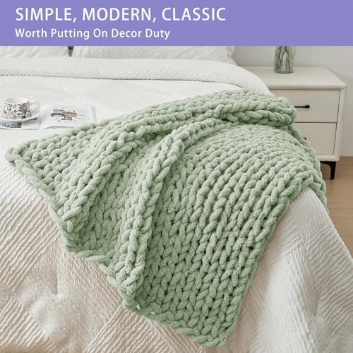 Bigacogo Chunky Knit Throw Blanket for Couch, 40x40 inches, Sage Green - Image 3