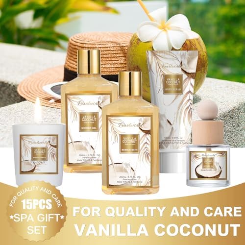 Birthday Gifts Basket for Women, 15pcs Vanilla Coconut Bath Set with Shower Gel, Bubble Bath, Diffuser Oil, Scented Candle, Skin Care Kit Birthday Gift for Women - Image 3