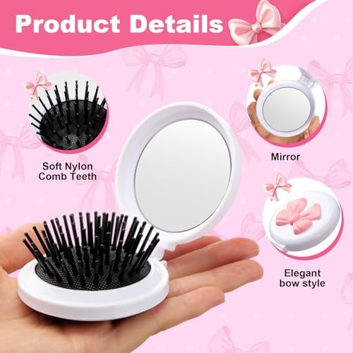 12 Pcs White Coquette Bow Mini Hair Brushes Folding Mirror Coquette Detangler Brush Bulk Round Compact Massage Scalp Comb for Purse Women Travel Team Gifts Trendy Stuff Party Favors - Image 3