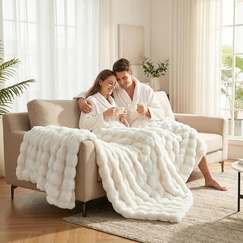 DREAMNINE Soft Faux Bubble Rabbit Fur Blanket Twin Size, Thick Cozy Decorative Warm Fuzzy Fur Blanket for Bed Couch Sofa Chair Bedroom Living Room Dorm Gift, 60 * 70 Inches, Cream White - Image 3