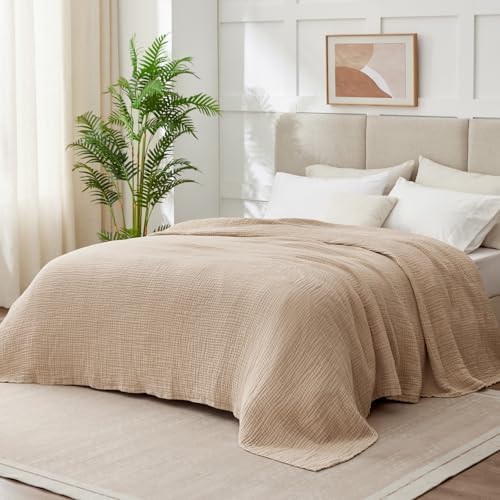 100% Cotton Muslin Blanket California King 120" x 90", 6 Layers Breathable and Lightweight Oversized Blankets for Bed, Soft Cooling Gauze Blanket for Adults All Season, Beige - Image 2