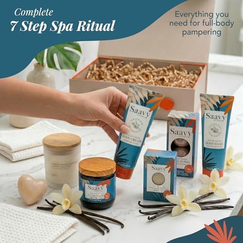 Saavy Naturals 9-Piece Spa Gift Set – Body Wash, Scrub & More – Plant-based Ingredients, Luxurious Spa Gift Basket for Women & Men –Mothers Day Gifts (Tahitian Vanilla GIft Set) - Image 3