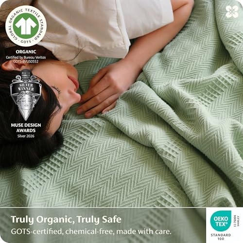 Bedsure PureWoven 100% Organic Cotton Waffle Luxury Blanket, King, Green - Image 2