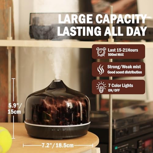 Porseme 500ml Glass Essential Oil Diffuser Aromatherapy Ultrasonic Cool Mist Humidifier 15-21 Running Hours Waterless Auto-Off Air Diffusers for Sleeping Yoga Working Spa(Lava) - Image 3