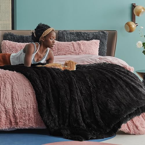 Bedsure Faux Fur Fluffy Sherpa Fleece Queen Bed Blanket Black 60"x80" - Image 6