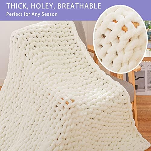 Bigacogo Chunky Knit Throw Blanket for Couch, 40x40 inches, Ivory - Image 4