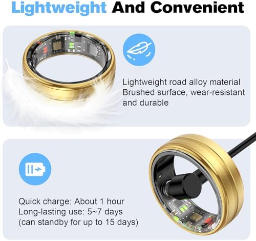 Smart Ring Health Tracker for Men/Women,Fitness Ring Sleep Tracker,Fast Charging for Long-Lasting Use,for Pedometer Exercise,Monitor Sleep, Heart Rate, Stress,Waterproof (Gold, 9) - Image 6