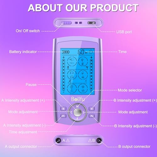Belfiu TENS & PMS 24 Modes Muscle Stimulator for Pain Relief Therapy, Electronic Pulse Massager Muscle Massager with 10 Pads, Dust-Proof Drawstring Storage Bag, Fastening Cable Ties - Image 4