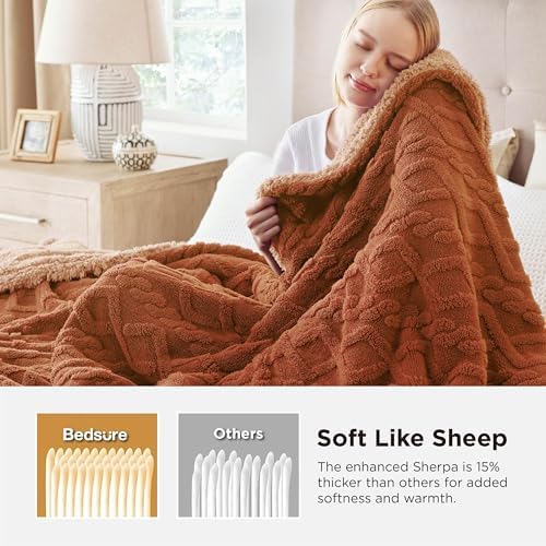 Bedsure Gentlesoft Sherpa Fleece Blanket Twin Size for Bed - Fluffy & Cozy Cable Jacquard Tufted for Women Gift, Thick and Warm Christmas Blanket for Winter, Orange, 60x80 Inches - Image 3