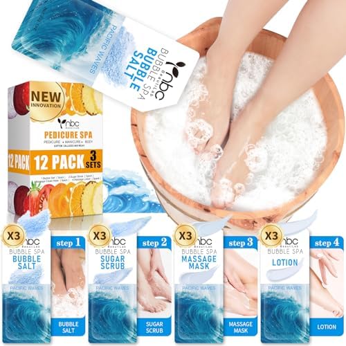 Pedicure Kit Foot Soak Set: Bubble Salt, Sugar Scrub, Massage Mask, Massage Lotion in a Box, 4 Step Foot Spa Kit for Dry Feet, Calluses and Tired Feet(3 Set Pacific Waves) by nbcBeautiLab
