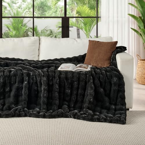 Lotus Karen Faux Fur Blanket - Black Twin Size, Big Bubble Rabbit Fluff, 60x80 Inches - Image 2