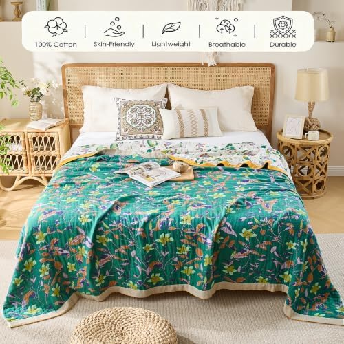 VANJOROY Boho Throw Blanket, 100% Organic Cotton Breathable Skin-Friendly Ultra Soft 80" x 90" Bed Quilt Throw - Floral Rustic Decor Luxury Reversible Blanket for Sofa Couch Chair and Gift, - Image 4