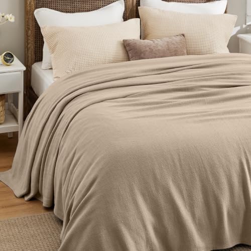 Bedsure 100% Cotton Blanket, Herringbone Weave, Queen Size, Khaki - Image 5