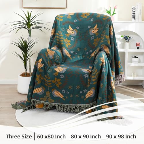 VANJOROY Boho Large Throw Blanket for Bed, 100% Muslin Cotton Soft Breathable Throw-Floral Bird Rustic Decor Blanket for Couch Sofa Quilt and Gift, 60" x 80"-Teal/Beige - Image 5