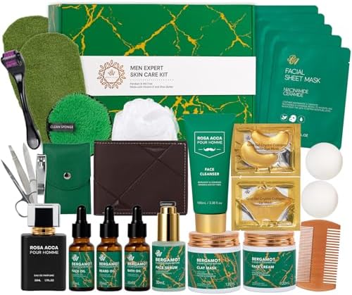 30 pcs Father's Day Gifts, Bergamot Facial Skin Care Set Gifts for Men, Beard Grooming Kit, Bath & Body Gift Basket Set, Self-Care Gift, Face Cleanser, Birthday, Christmas, Anniversary, Husband, Dad by RAROSAACCA