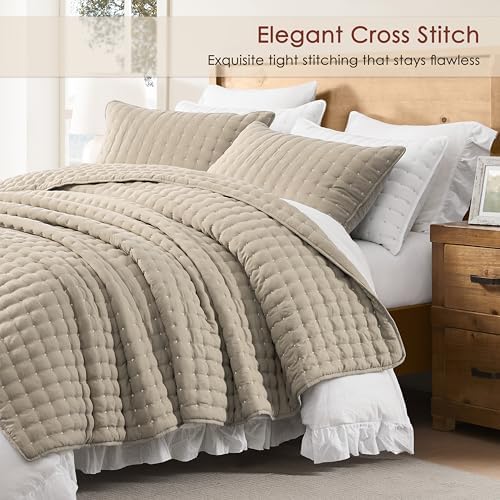 WDCOZY Beige California Cal King Size Quilt Bedding Sets with Pillow Shams, Cream Tan Oversized Lightweight Bedspread Coverlet, Quilted Blanket Thin Comforter Bed Cover, 3 Pieces, 118x106 inches - Image 2