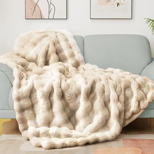 Latepis Soft Luxury Faux Fur Bubble Blanket, Thick Warm Cozy Twin Blankets for Couch, Plush Fluffy Blankets for Sofa and Bedroom, Fuzzy Blanket for Women Gift, 60” x 80”, Tie-dye Camel, 860GSM by Latepis