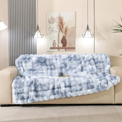 Latepis Faux Fur Fluffy Blanket for Couch, Super Soft Luxury Faux Fur Bubble Plush Thick Warm Cozy Fuzzy Twin Blanket for All Seasons, 60” x 80”, Tie-dye Blue, 860GSM - Image 3