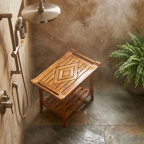 Teak Shower Bench Stool Seat, w/Leveling Feet, Waterproof, Teak Oil Finish - Image 2
