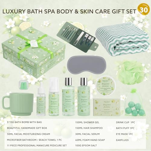 30 Pcs Bergamot Jasmine Spa Gift Basket for Women & Men, Bath & Body Gifts - Image 2
