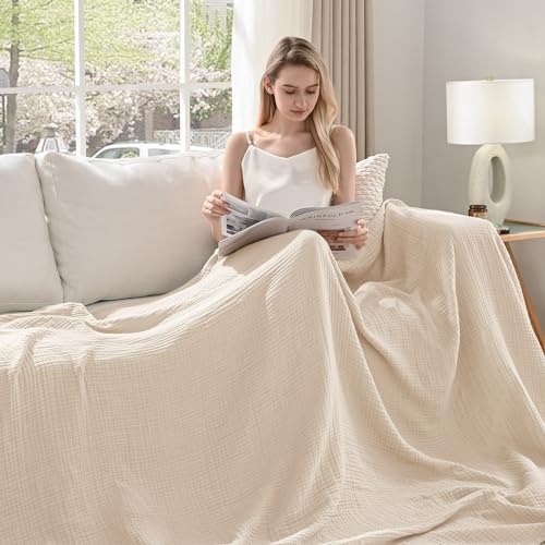 Esterra Muslin Blanket Queen Size Cozy Soft Lightweight Pre-Washed Cotton Blanket, All Season Breathable 4-Layer Gauze Blanket Throw for Couch Bed, Neutral, 90x90 Inches - Image 2