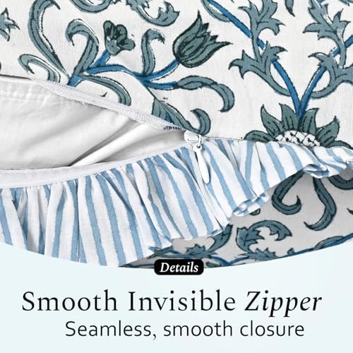 CPC Ocean Vine Hand Block Print 100% Cotton Ruffle Throw Pillow Cover 18x18 inch with Hidden Zipper Decorative for Couch, Bed, Sofa, Farmhouse, Cottagecore Decor Gift Christmas Fall Thanksgiving - Image 4