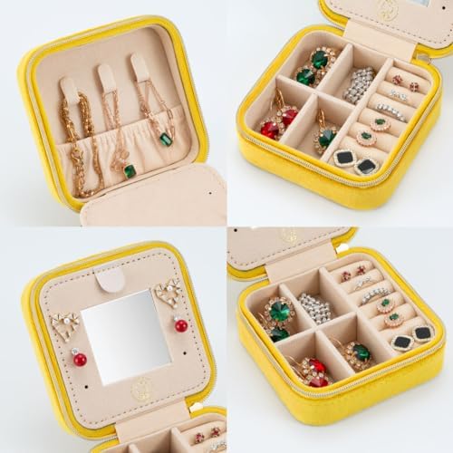 ZPROW Plush Velvet Travel Jewelry Case, Organizer, Box, Small Case for Women, Earring Organizer with Mirror, Best Gifts For Daughter, Girlfriend, Mom - Yellow - Image 3