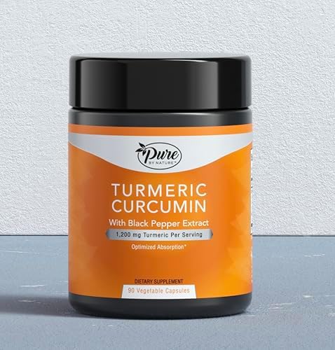 Pure By Nature Turmeric Curcumin Supplement with Black Pepper Extract - 95% Curcuminoids Turmeric Supplement, Organic High Absorption Antioxidant Support for Joint Immune Health – 1200mg/Serving (90) by PurebyNature