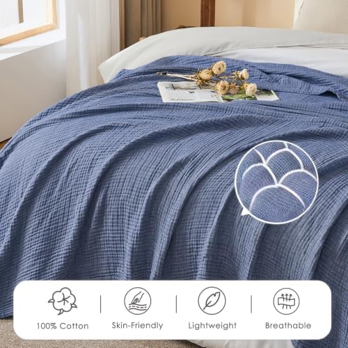 EMME Cotton Muslin Super King Blanket 4 Layer，Oversized Gauze Bedspread Coverlet, Soft Lightweight Breathable Layered Blanket for All Season (Heather Navy, 120"x94") - Image 7