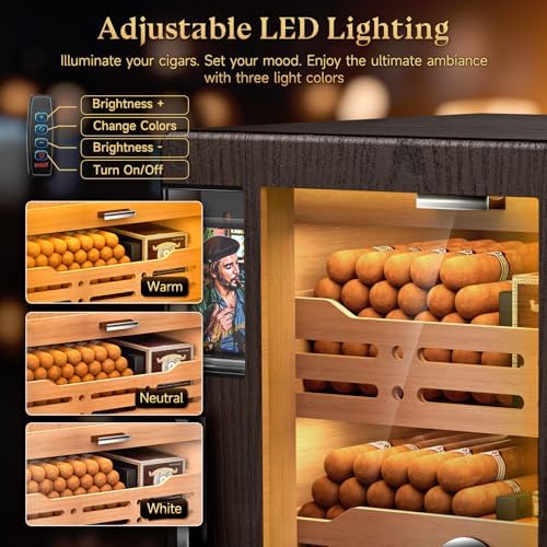 XIFEI Cigar Humidor Cabinet with 5 Acrylic Display Cases, Adjustable LED Lighting, Cedar Wood Shelves & Drawer, Digital Hygrometer, 3 Humidifiers, 100-150 Capacity Desktop Cigar Humidor for Gifts - Image 4