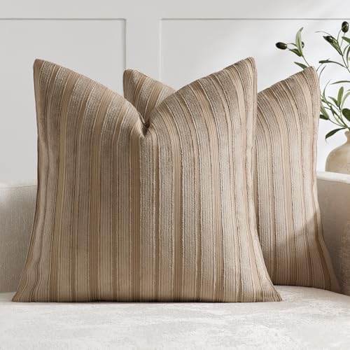 DEZENE 24x24 Khaki Throw Pillow Covers Pack of 2 Soft Striped Corduroy Square Neutral Pillow Cases for Couch Sofa Bedroom Living Room Home Decor by DEZENE