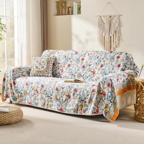 VANJOROY Boho Throw Blanket, 100% Organic Cotton Breathable Skin-Friendly Ultra Soft 80" x 90" Bed Quilt Throw - Floral Rustic Decor Luxury Reversible Blanket for Sofa Couch Chair and Gift, - Image 7