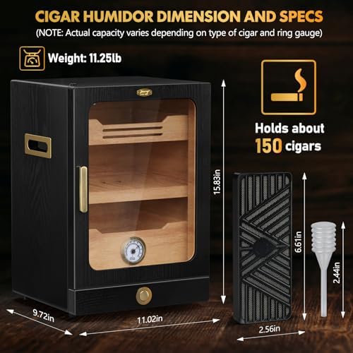 Tesonway Cigar Humidor, Desktop Cigar Humidor Cabinet Light Control System with Spanish Cedar Wood Shelves, Hygrometer, 3 Humidifiers and Cigar Accessories Drawer, Father's Day Gift for Men (Black) - Image 4