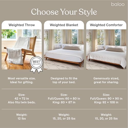 Baloo Weighted Blanket for Adults 12 lb Throw (Pebble White, 42"x72") | Cool & 100% Cotton | Machine Washable & Dryer Safe | Glass Microbead Fill - Image 3