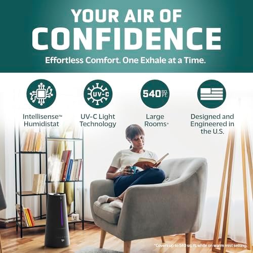 PureGuardian 1.5 Gal Ultrasonic Warm & Cool Mist Humidifier with UV-C Light, IntelliSense Humidistat, 90-Hr Runtime, for Large Rooms up to 540 Sq. Ft., Black, H5665B - Image 2