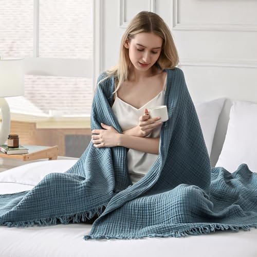 Esterra Muslin Throw Blanket 50x65 Inches Cozy Soft Lightweight Pre-Washed Cotton Blanket, All Season Breathable 4-Layer Gauze Blanket Throw for Sofa Couch Bed, Blue Mirage - Image 4