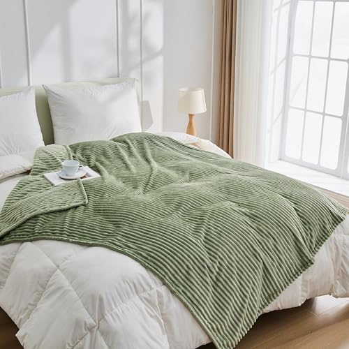 Bnuitland Sage Green Flannel Throw Blanket, 300GSM Super Soft Fleece Stripe Pattern Sofa Blanket for Babys and Kids, Lightweight Cozy Bed Throw for Home Decor All Season - Image 3