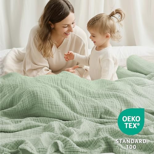 100% Cotton Muslin Blanket Twin 60" x 80", Breathable and Lightweight Cotton Twin Blankets for Couch, Soft Cooling Summer Gauze Blanket for Adults All Season, Sage Green - Image 4
