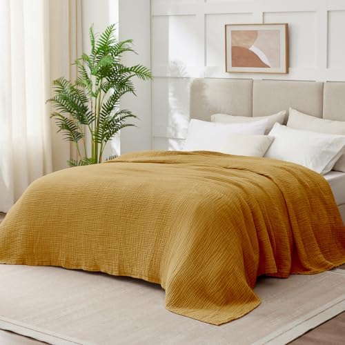 100% Cotton Muslin Blanket Twin 66" x 90", 6 Layers Breathable and Lightweight Cotton Blankets for Couch, Soft Cooling Summer Gauze Blanket for Adults All Season, Mustard - Image 2