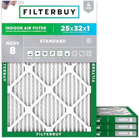 Filterbuy 25x32x1 Air Filter MERV 8 Dust & Allergy Defense (4-Pack) by Filterbuy