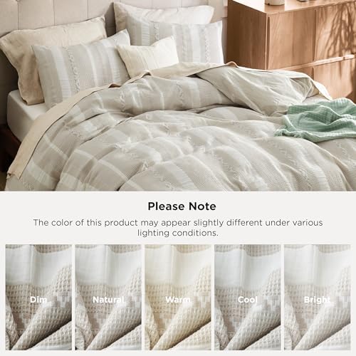 Bedsure PureWoven Boho Striped Cotton Waffle Duvet Cover Set, Queen, Linen - Image 5