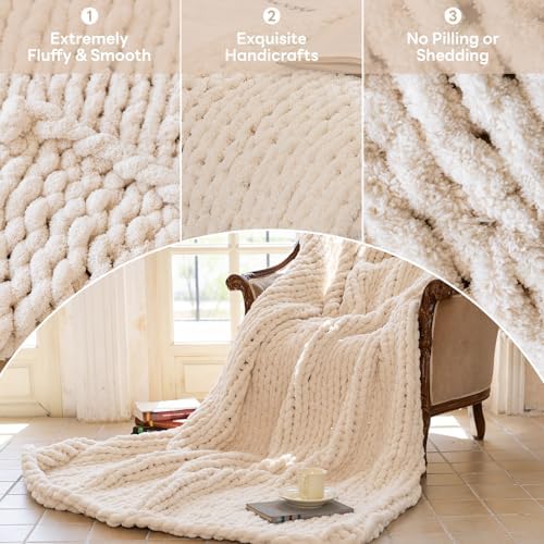 Chunky Knit Throw Blanket for Couch，60X80 Inches Cream - Image 6