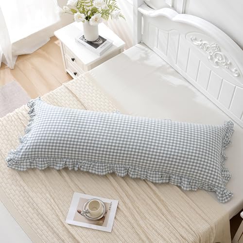 20"x54" Blue White Plaid Ruffled Body Pillow Sham Washed Cotton - Image 4