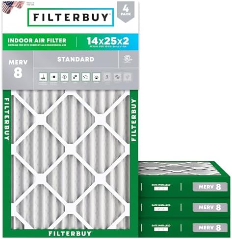 Filterbuy 14x25x2 Air Filter MERV 8 Dust & Allergy Defense (4-Pack) by Filterbuy