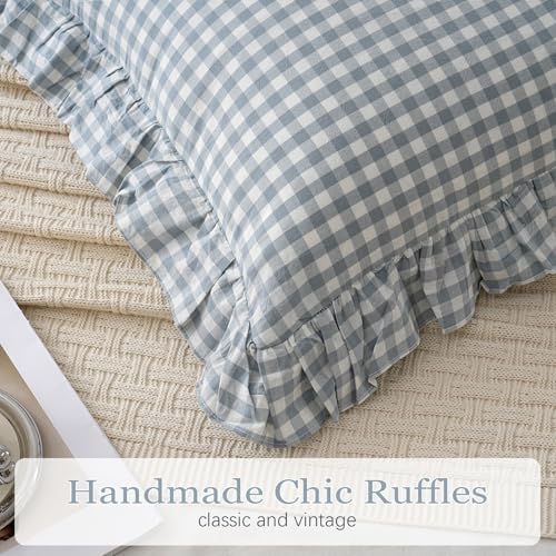 2 Pack Blue White Plaid Ruffle Throw Pillow Covers Farmhouse Checkered Chic - Image 4