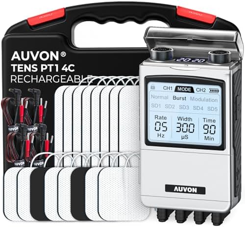 AUVON Rechargeable 4-Channel TENS Unit Muscle Stimulator for Back Pain Relief, Digital TENS Machine with 8 Customizable Modes, Electronic Pulse Massager Easy to Use, 16 Premium TENS Pads, A Carry Case by AUVON